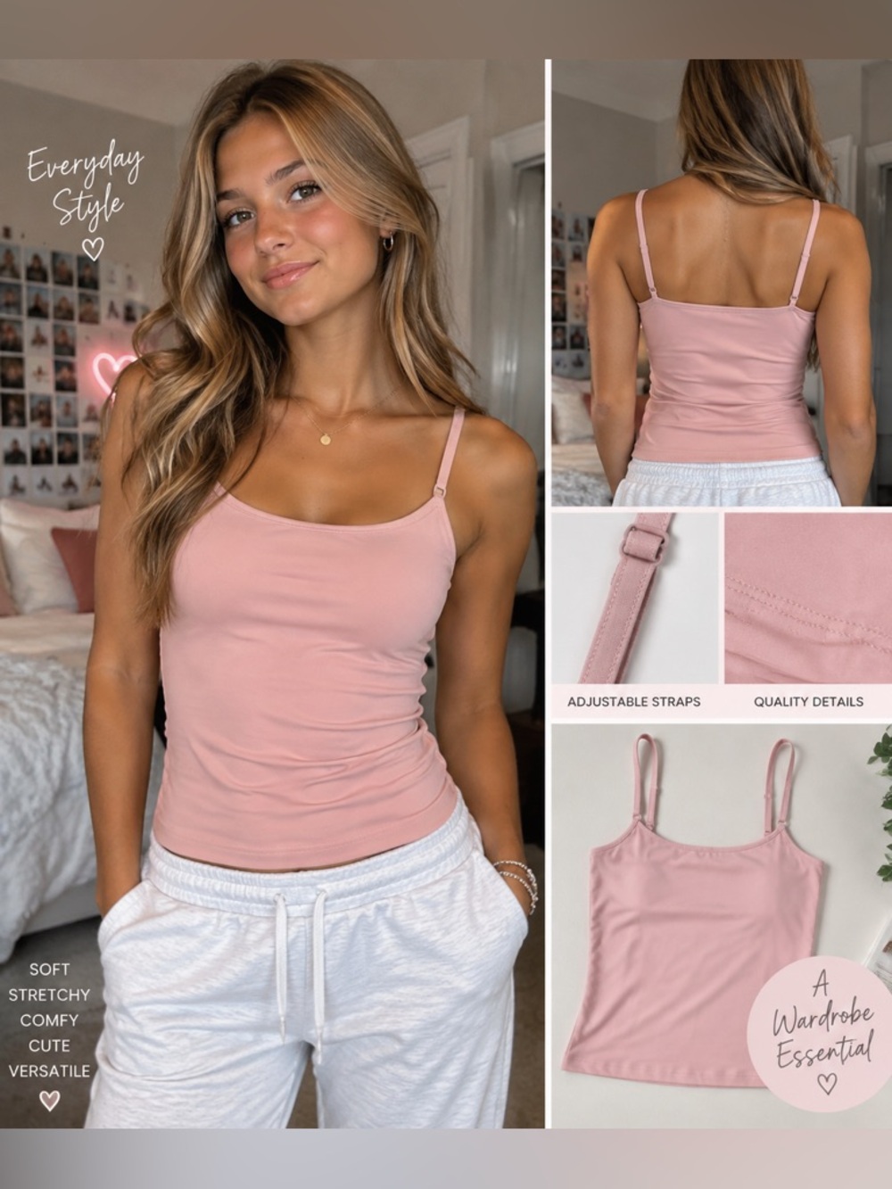 💕 QINSEN Blush Pink Cami Tank Top – Size Small – New With Tags